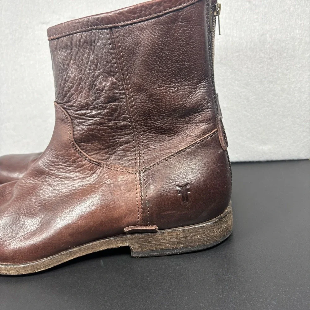 Frye Mens 10.5 D Dark Brown Leather Back Zip Ankle Boots Round Toe 3487870